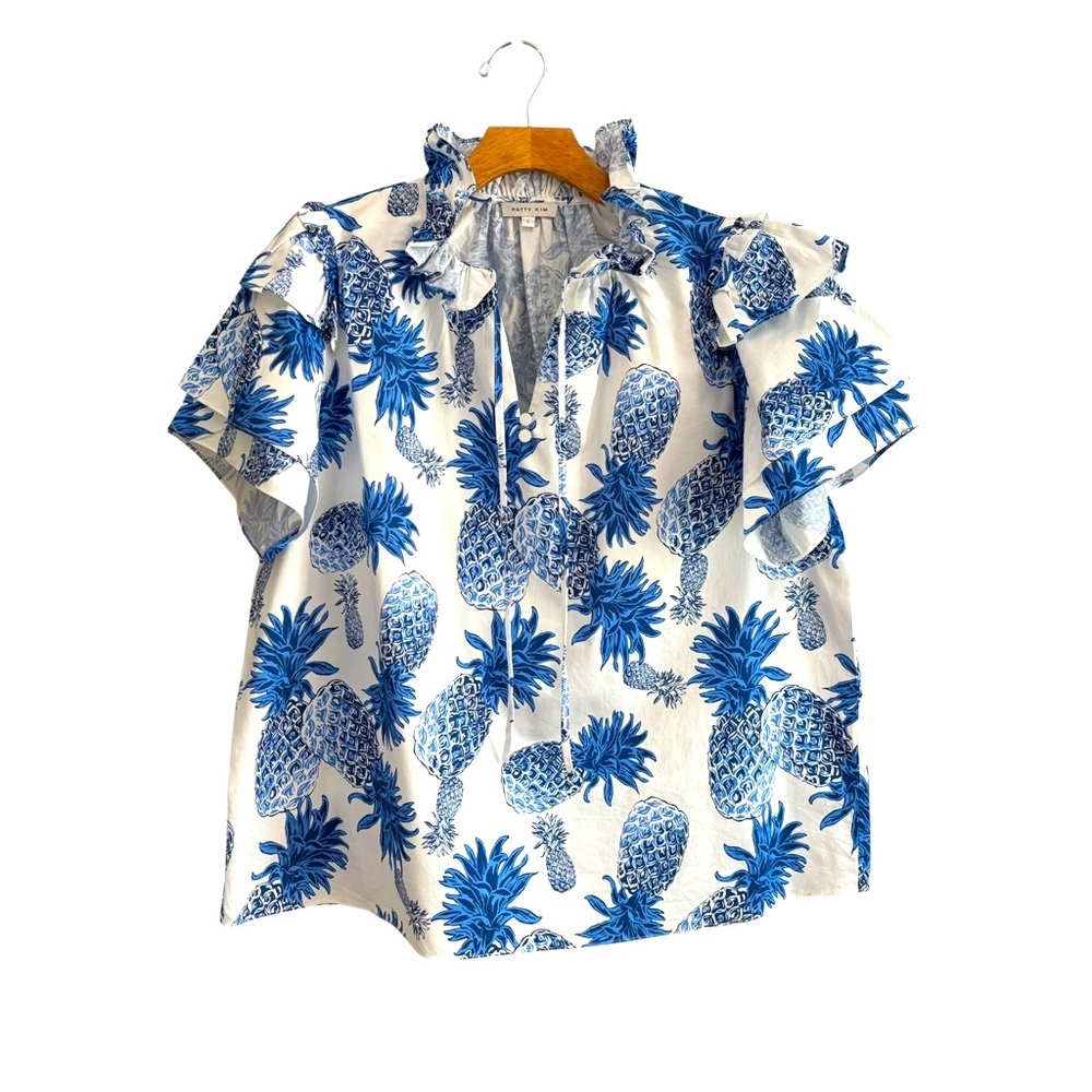 Patty Kim St. Martin Pineapple Print Ruffle Top M Blue White